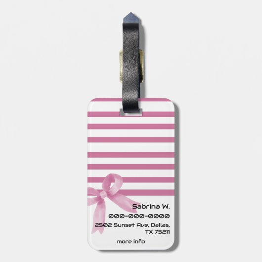 Schattigee Waterverf Roze Bow Stripes Bagagelabel (Achterkant verticaal)