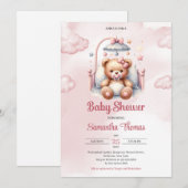 Schattigee waterverf roze meisje teddybeer in wieg kaart (Voorkant / Achterkant)