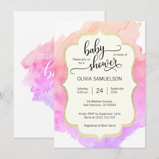 Schattigee Waterverf Roze Perzik Paarse MEISJE Bab Kaart (Voorkant / Achterkant)