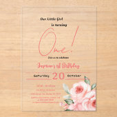 Schattigee Waterverf Roze Rose Baby Meisje 1e Verj Acryl Uitnodigingen (Voorkant)