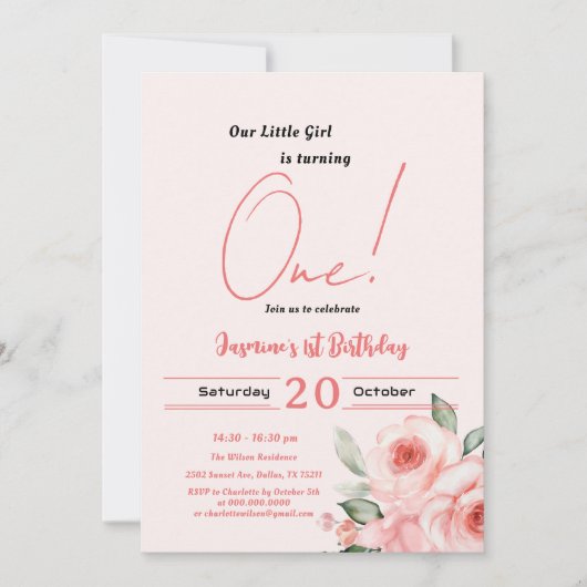 Schattigee Waterverf Roze Rose Baby Meisje 1e Verj Kaart (Voorkant)