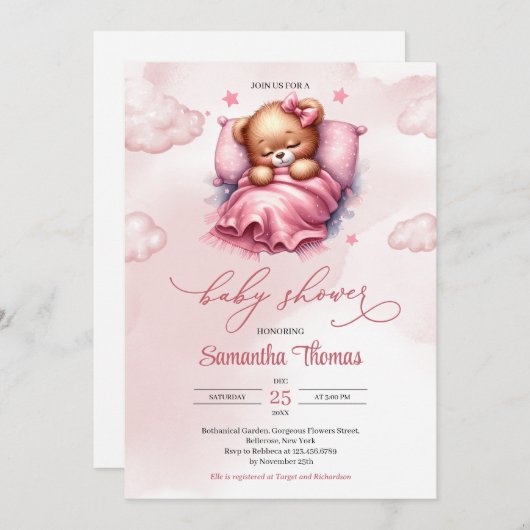 Schattigee Waterverf roze slapende teddybeer bij c Kaart (Voorkant / Achterkant)