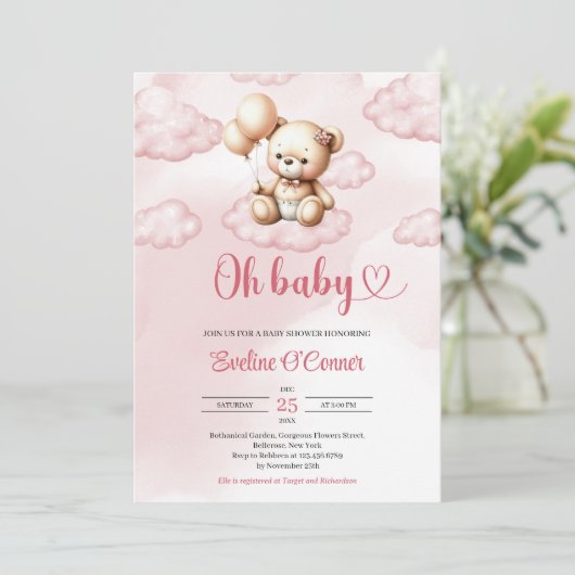 Schattigee waterverf roze teddybeer over de wolk kaart (Staand voorkant)