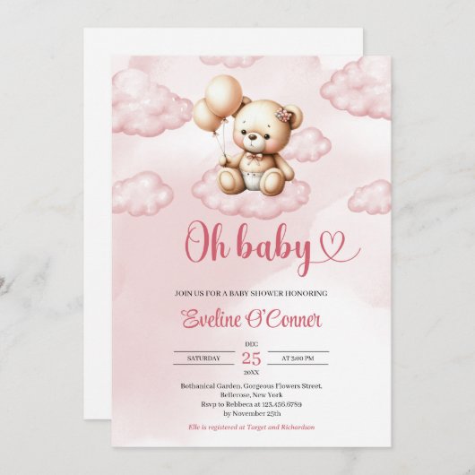 Schattigee waterverf roze teddybeer over de wolk kaart (Voorkant / Achterkant)