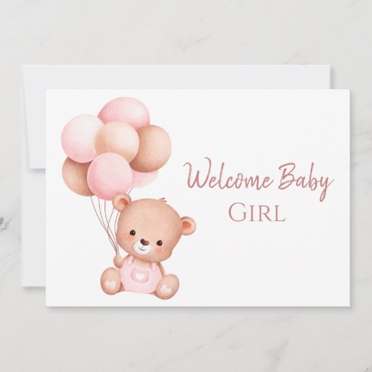 Schattigee Waterverf Roze Teddybeer Welkom Baby Kaart (Voorkant)