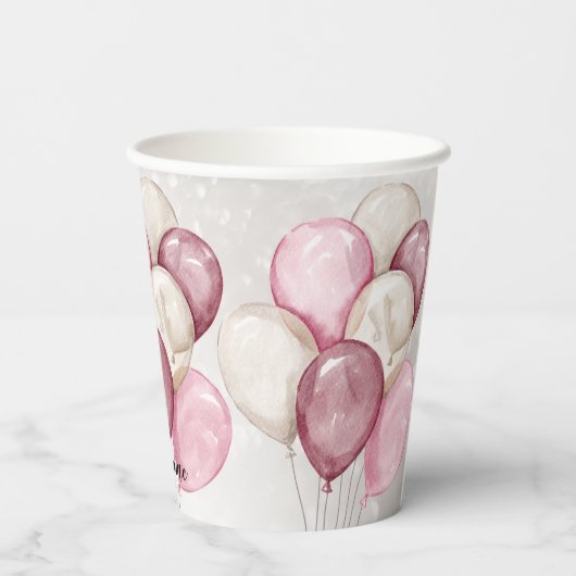 Schattigee Waterverf Roze Wit Ballonnen Party Papieren Bekers (Achterkant)
