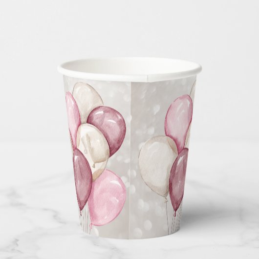 Schattigee Waterverf Roze Wit Ballonnen Party Papieren Bekers (Rechts)