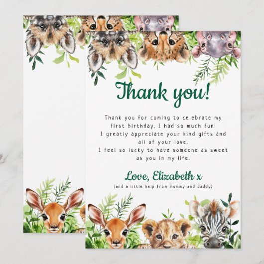 Schattigee Waterverf Safari Animals Verjaardagsfee Bedankkaart (Voorkant / Achterkant)