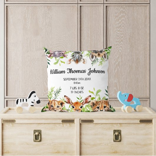 Schattigee Waterverf Safari Dieren Baby Geboortest Kussen