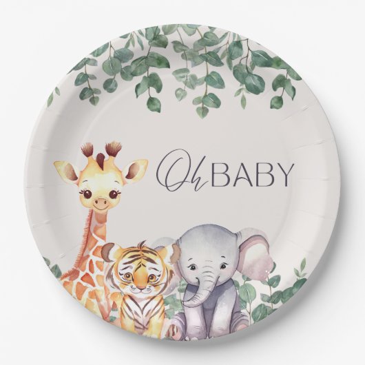 Schattigee Waterverf Safari Dieren Baby shower Papieren Bordje (Voorkant)