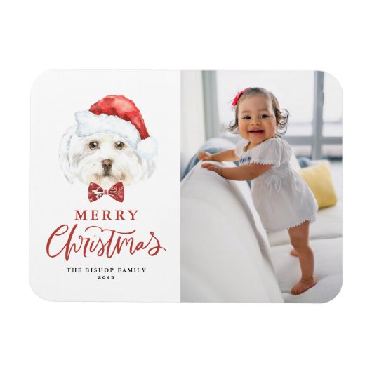 Schattigee Waterverf Santa Maltese hondenfoto Kers Magneet (Horizontaal)