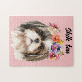 Schattigee Waterverf Shih-tzu Dog/Flowers Legpuzzel (Horizontaal)
