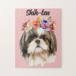 Schattigee Waterverf Shih-tzu Dog/Flowers Legpuzzel
