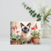 Schattigee Waterverf Siamese Cat Red Geranium Flow Briefkaart (Staand voorkant)