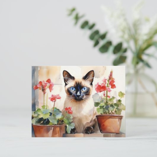 Schattigee Waterverf Siamese Cat Red Geranium Flow Briefkaart (Staand voorkant)