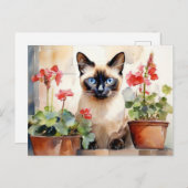 Schattigee Waterverf Siamese Cat Red Geranium Flow Briefkaart (Voorkant / Achterkant)