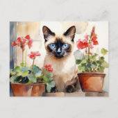 Schattigee Waterverf Siamese Cat Red Geranium Flow Briefkaart (Voorkant)