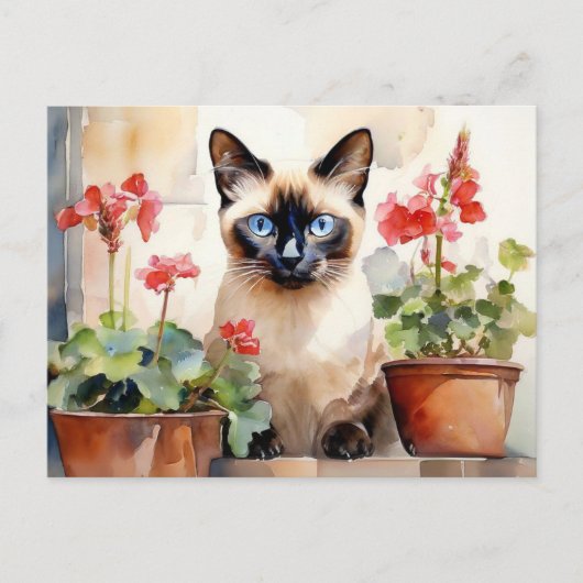 Schattigee Waterverf Siamese Cat Red Geranium Flow Briefkaart (Voorkant)
