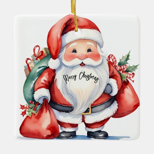 Schattigee waterverf Sinterklaas met rode cadeaus  Keramisch Ornament (Voorkant)