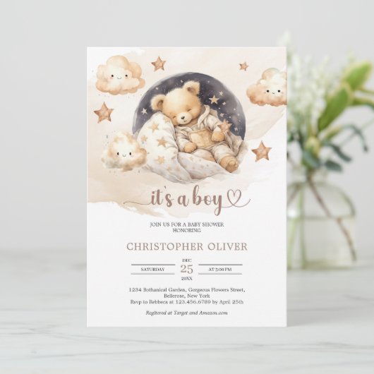 Schattigee waterverf slapen teddybeer neutraal aar kaart (Staand voorkant)