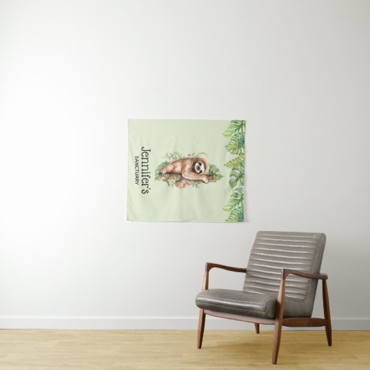 Schattigee Waterverf Sloth & Tropical Leaves Heili Wandkleed (In Situ (horizontaal))