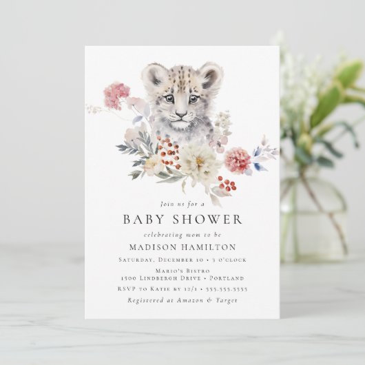 Schattigee Waterverf Sneeuw Leopard Winter Baby sh Kaart (Staand voorkant)