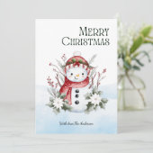 Schattigee Waterverf Sneeuwman Bloemen Kerst Feestdagenkaart (Staand voorkant)
