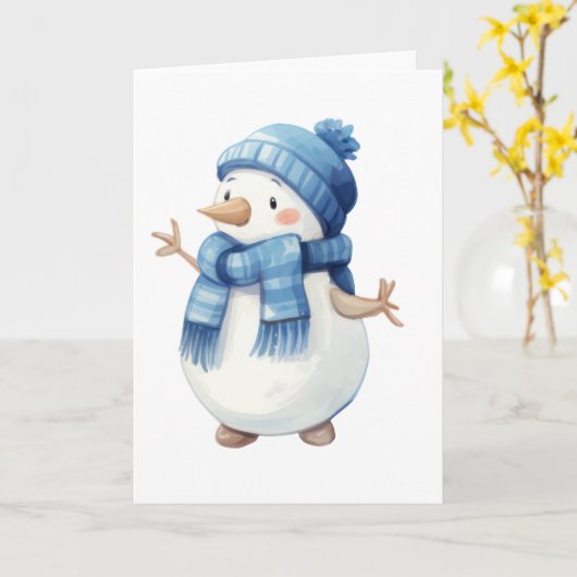 Schattigee Waterverf Sneeuwman met Blauwe Sjaal &  Kaart (Gele Bloem)