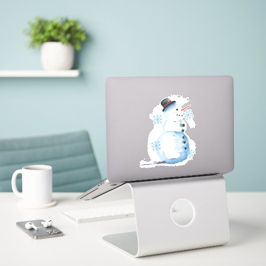 Schattigee Waterverf sneeuwman met sneeuwvlokken Sticker (Laptop op bureau)