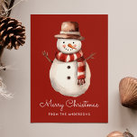Schattigee Waterverf Sneeuwman Vrolijk Kerstmis No Feestdagenkaart<br><div class="desc">Stuur feestelijke vakantiegroeten naar je vrienden en familie met deze schattige sneeuwpop kerstkaart. De vakantiekaart zonder foto toont een waterverf sneeuwman met een bruin winterse pet met een rode en witte sjaal. Personaliseer de schattige sneeuwpop kerstkaart met een aangepaste begroeting (momenteel weergegeven als "Merry Christmas") en jouw naam in witte...</div>