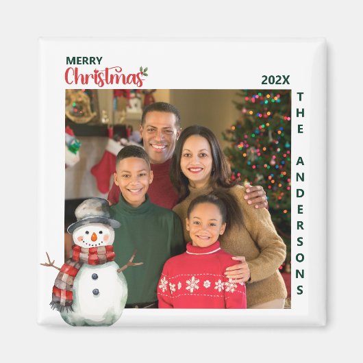 Schattigee Waterverf Sneeuwman Vrolijke Kerstfoto Magneet (Voorkant)