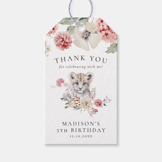 Schattigee Waterverf Snow Leopard Verjaardagsfeest Cadeaulabel (Voorkant)