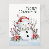 Schattigee Waterverf Snowman met Santa Hat & Flora Feestdagenkaart (Voorkant)