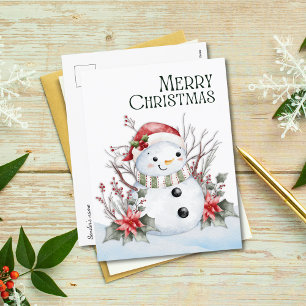 Schattigee Waterverf Snowman met Santa Hat & Flora Feestdagenkaart