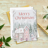 Schattigee Waterverf Snowy Village Vrolijk Kerstfe Feestdagenkaart