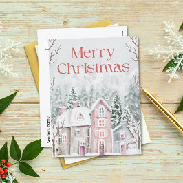 Schattigee Waterverf Snowy Village Vrolijk Kerstfe Feestdagenkaart