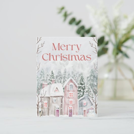 Schattigee Waterverf Snowy Village Vrolijk Kerstfe Feestdagenkaart (Staand voorkant)