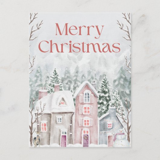 Schattigee Waterverf Snowy Village Vrolijk Kerstfe Feestdagenkaart (Voorkant)