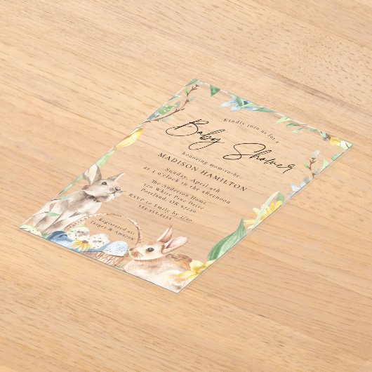 Schattigee Waterverf Spring Bunnies Baby shower Acryl Uitnodigingen (Laagn)