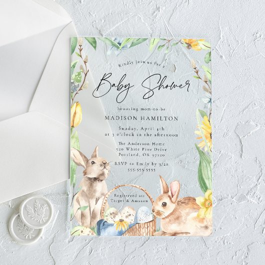 Schattigee Waterverf Spring Bunnies Baby shower Acryl Uitnodigingen