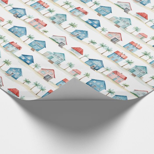 Schattigee Waterverf strandhuizen Tropical Pattern Cadeaupapier (Hoek)
