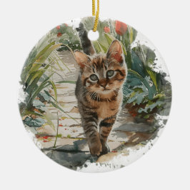 SCHATTIGEE WATERVERF TABBY KITTEN OP SPRING PATH KERAMISCH ORNAMENT