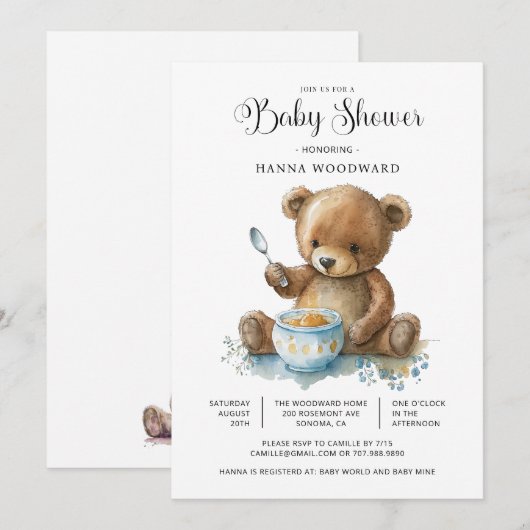 Schattigee Waterverf Teddy Bear Porridge Baby show Kaart (Voorkant / Achterkant)