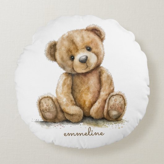 Schattigee Waterverf teddybeer gepersonaliseerd Rond Kussen (Voorkant)