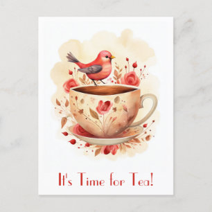 Schattigee Waterverf Tijd voor Tea Bird Floral Briefkaart