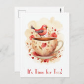 Schattigee Waterverf Tijd voor Tea Bird Floral Briefkaart (Voorkant / Achterkant)