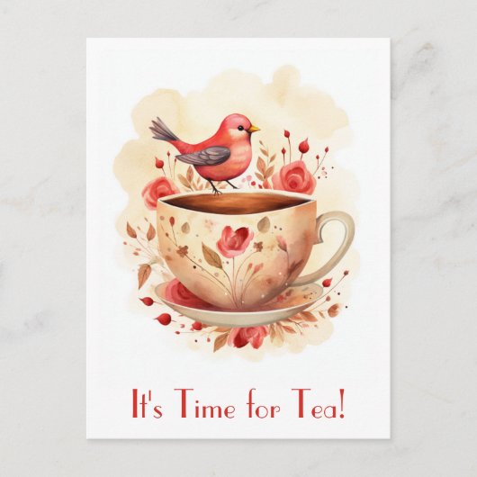Schattigee Waterverf Tijd voor Tea Bird Floral Briefkaart (Voorkant)