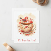 Schattigee Waterverf Tijd voor Tea Bird Floral Notitiekaartje (Voorkant / Achterkant in situ)