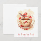 Schattigee Waterverf Tijd voor Tea Bird Floral Notitiekaartje (Voorkant / Achterkant)