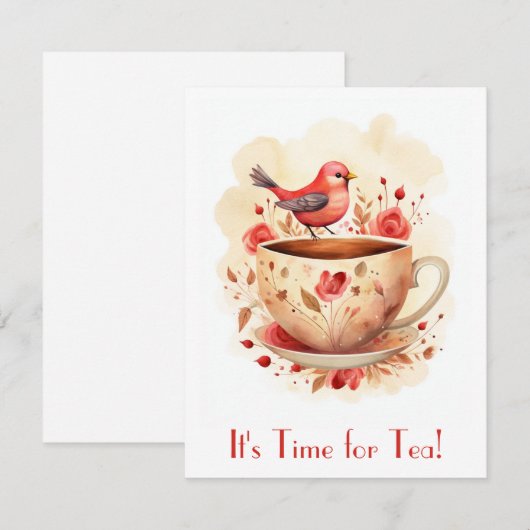 Schattigee Waterverf Tijd voor Tea Bird Floral Notitiekaartje (Voorkant / Achterkant)